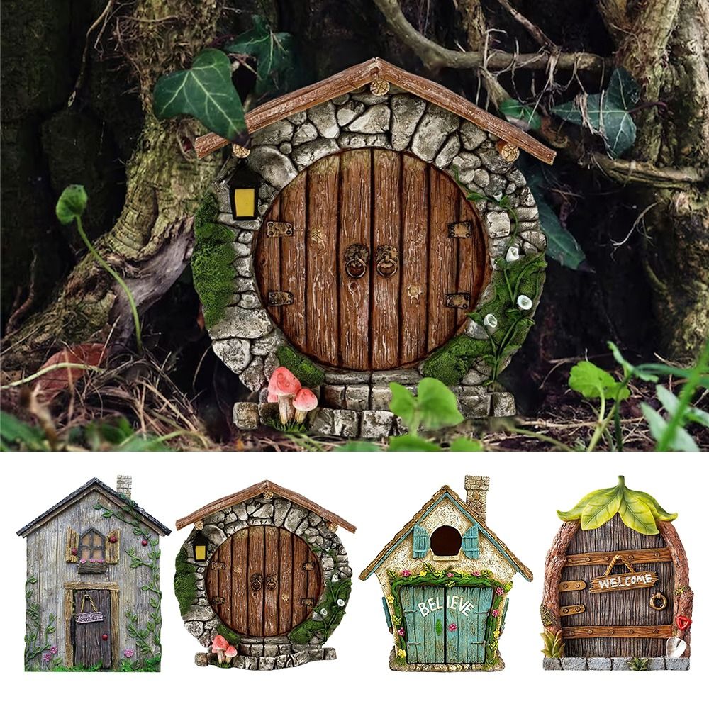 Kids Outdoor Fairy Garden - Miniatur peri hiasan kayu, patung pintu